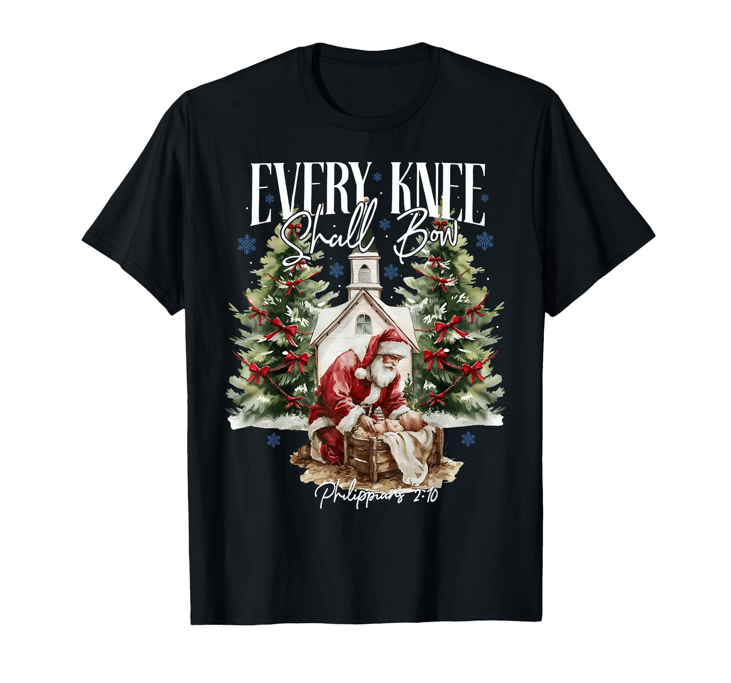 Every Knee Shall Bow Santa Christmas Nativity Scene Women T-Shirt
