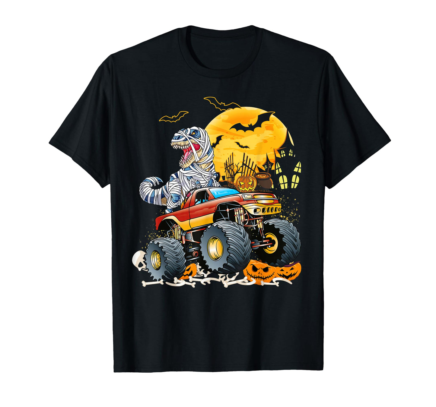 Funny T Rex Saurus Riding Monster Truck Happy Halloween T-Shirt
