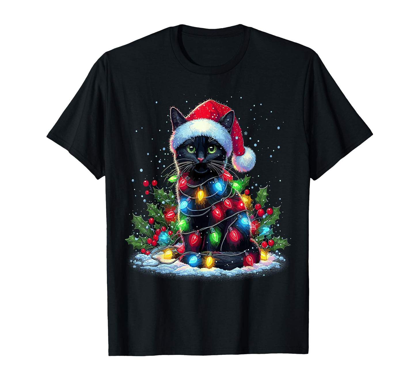 Black Cat Christmas Santa Hat Funny Meowy Cats T-Shirt