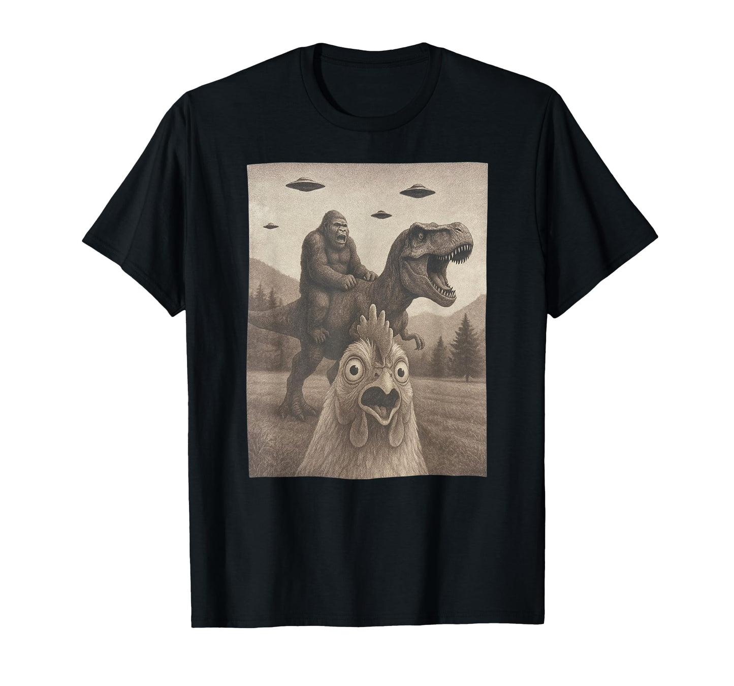 Funny Chicken Shirts, Chicken Selfie Bigfoot Riding T rex T-Shirt