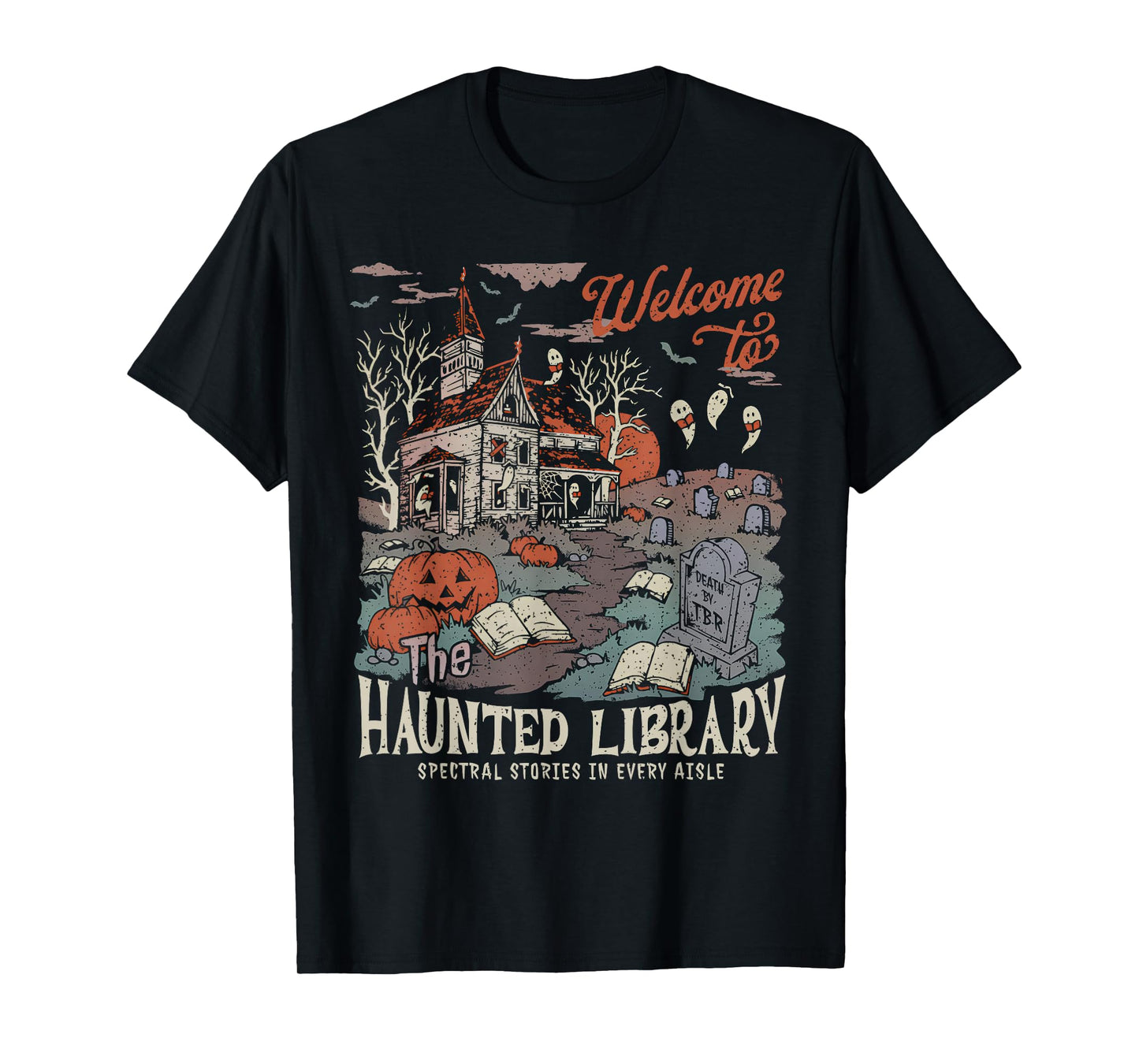 Retro Salem Welcome To The Haunted Library Bookish Halloween T-Shirt