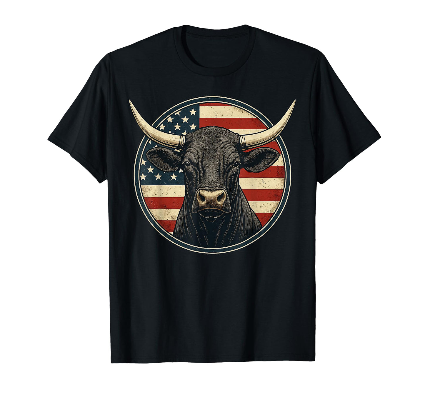 Cowboy Rodeo Bull Distressed American Flag Western T-Shirt