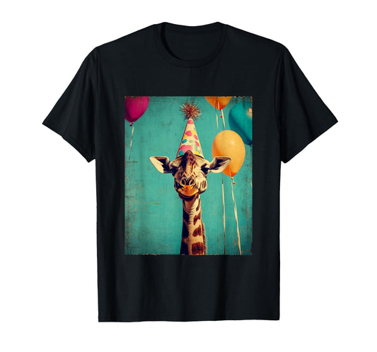 Giraffe Animal Zoo Birthday Party Apparel Unisex-Kids Retro Art Print Giraffe Birthday Party T-Shirt Black Short Sleeve Small