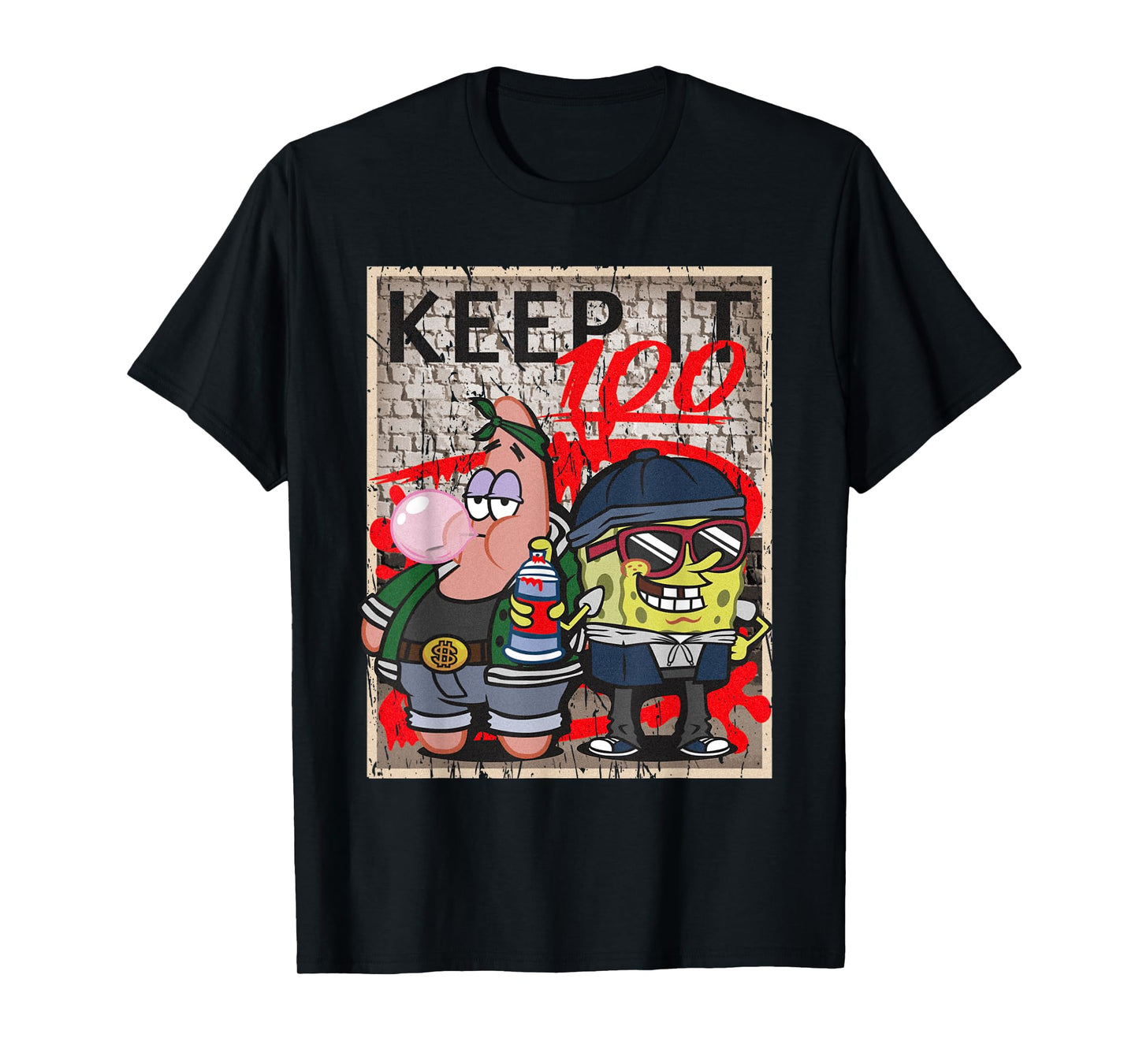 Mademark x SpongeBob SquarePants - SpongeBob and Patrick Keep it 100 Hip Hop Rap Graffiti Cool T-Shirt