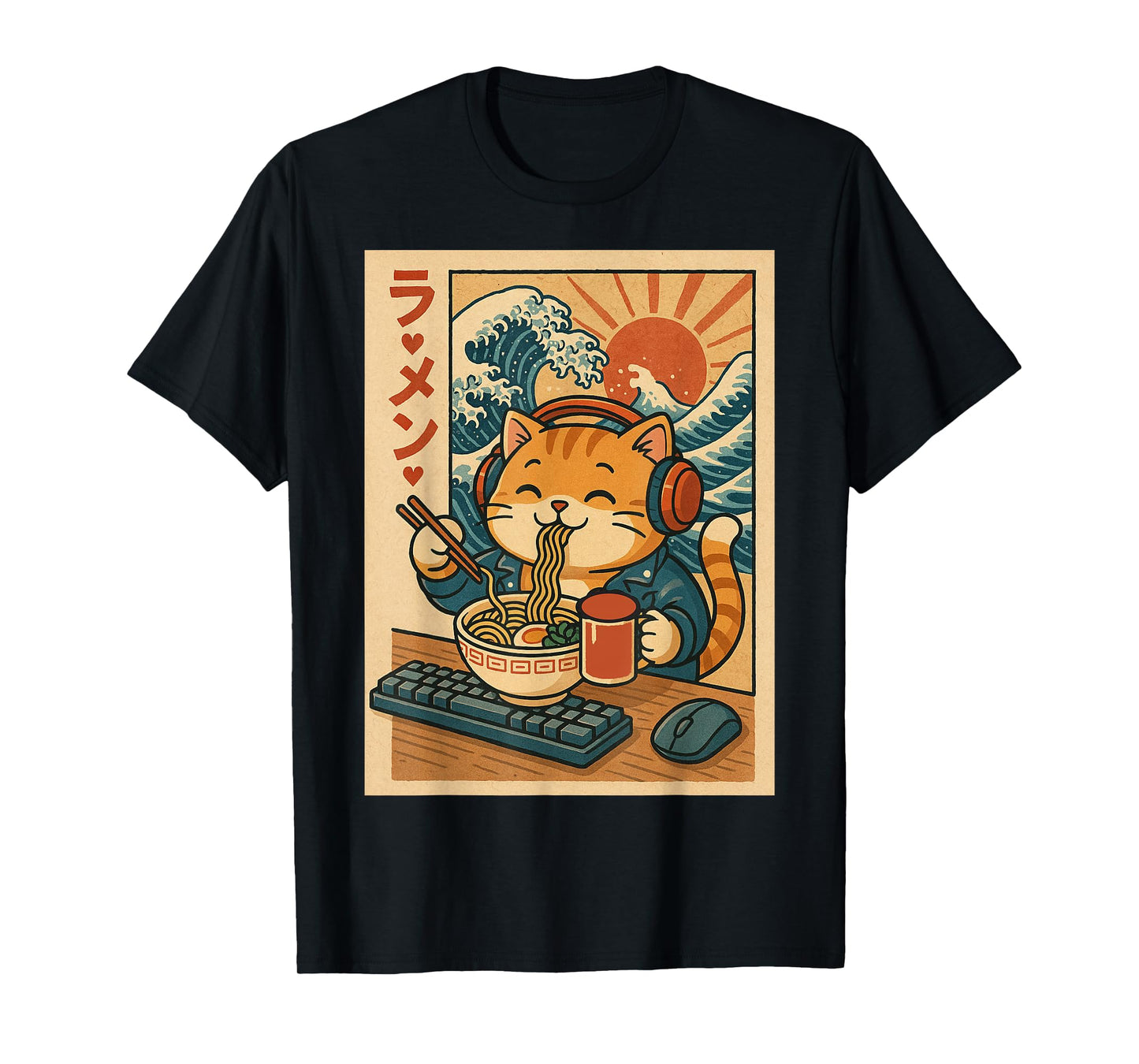 Kawaii Gamer Cat Eating Ramen Retro Japanese Style Noodle T-Shirt