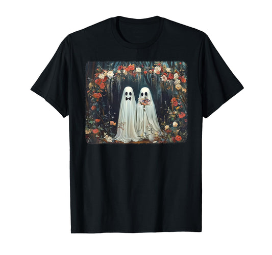 Halloween Floral Ghost Just Married Wedding Groom Bride T-Shirt