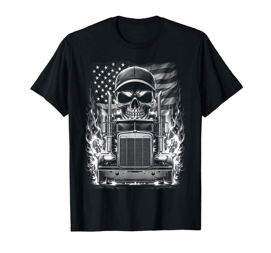 Trucker Patriotic American Flag Semi Truck Driver Skull T-Shirt