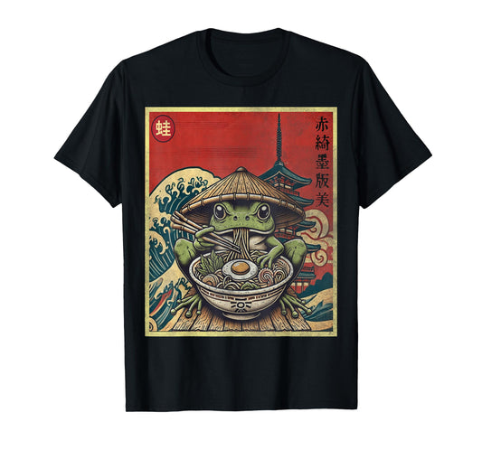 Vintage Frog Ramen Noodles Kaeru Japanese Anime Frog Ramen T-Shirt