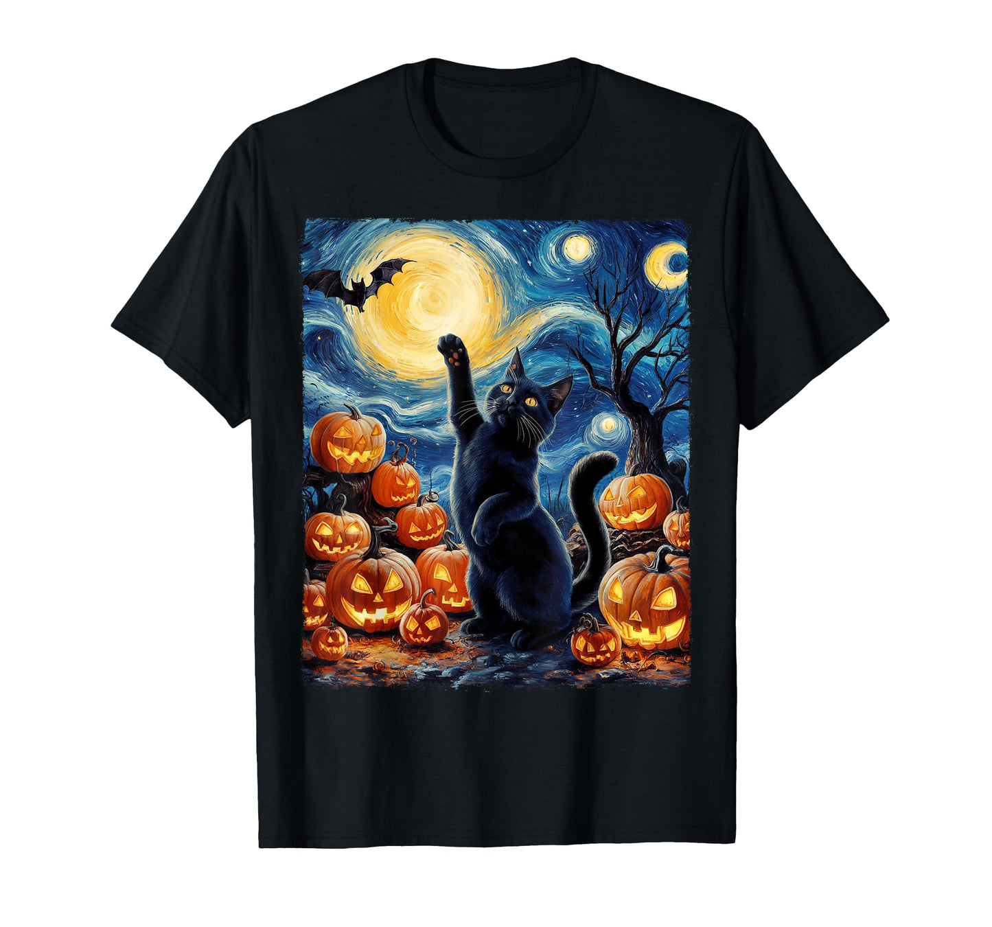 Halloween Cat Van Gogh Starry Night Pumpkin Gifts Men Women T-Shirt