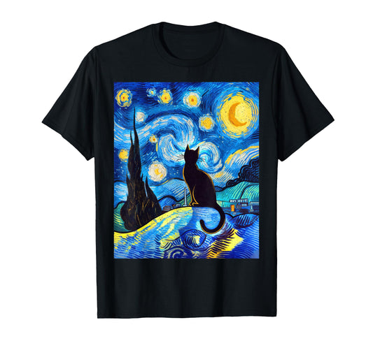 Black Cat on a Starry Night – Cat Lover Funny Van Gogh T-Shirt