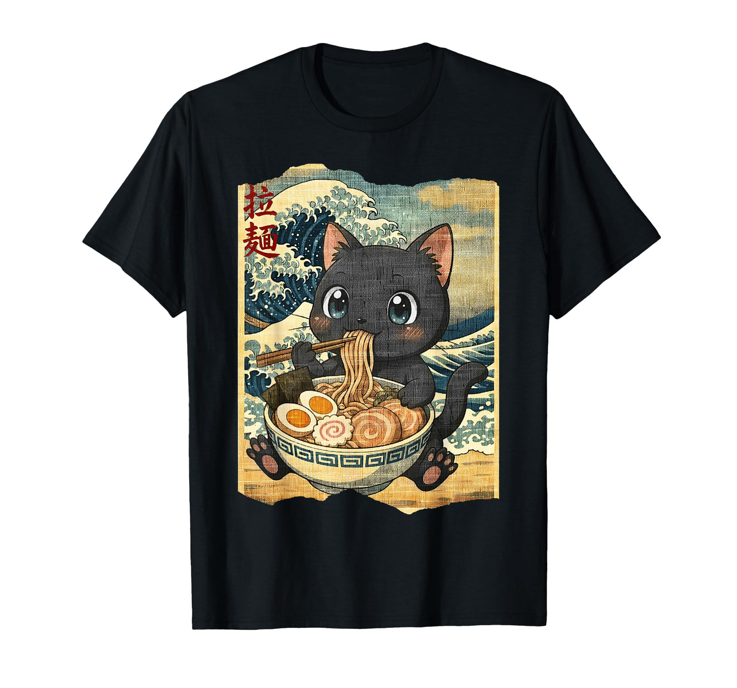 Funny Kawaii Black Cat Ramen Noodle Bowl Japanese Wave T-Shirt